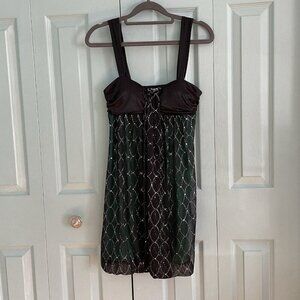 Sequin Hearts Y2K Black Green‎ Glitter Mini Dress Small Empire Waist Whimsigoth